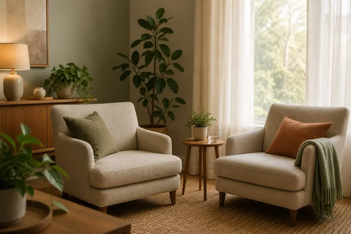 A calm private counselling room with two comfortable chairs and warm natural light.